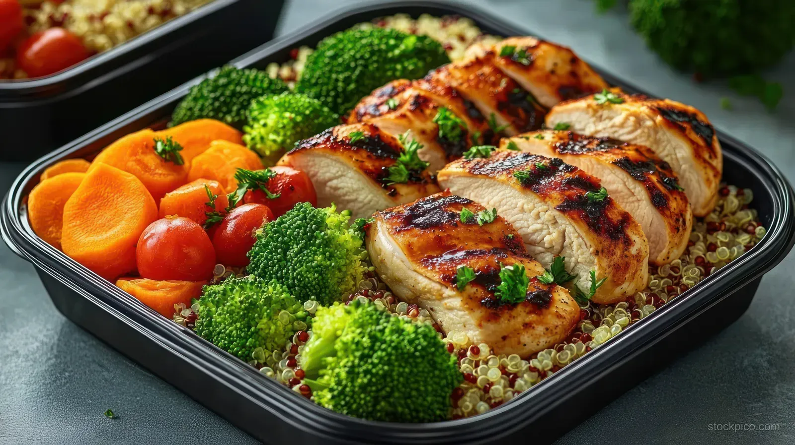 Sliced grilled chicken breast sits over quinoa with broccoli, carrot slices, and cherry tomatoes in a black meal prep container.