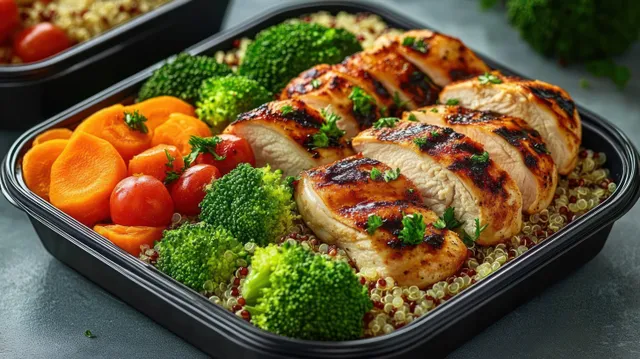 Sliced grilled chicken breast sits over quinoa with broccoli, carrot slices, and cherry tomatoes in a black meal prep container.