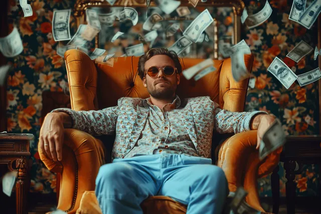 A man in sunglasses reclines in a chair while U.S. dollar bills float and flutter around him.