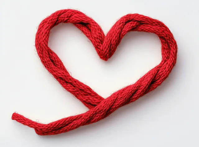 Red knitted yarn is shaped into a heart on a white background, showing the twisted fiber texture.