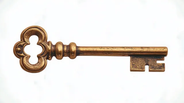 An antique brass key with an ornate bow and worn surface isolated on a white background.