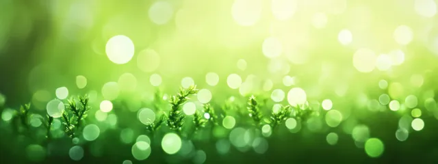 Soft green bokeh forest glow background with tiny light particles and spring blur