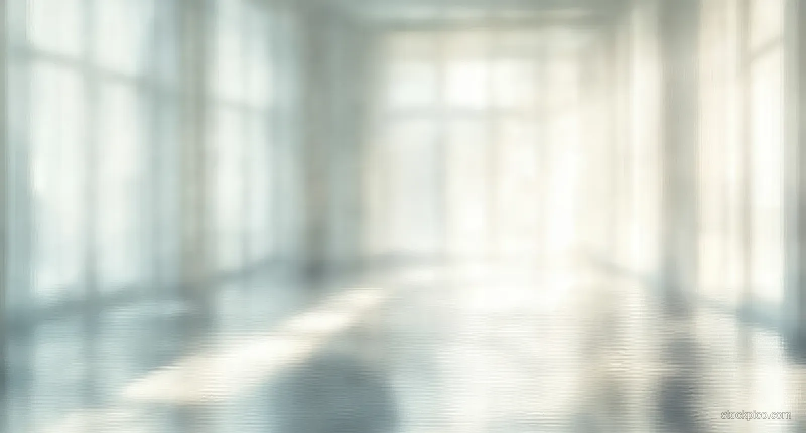 Sunlight streams through large windows into an empty room, reflecting on the smooth floor.