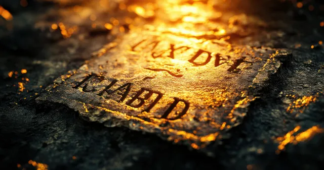 Warm light highlights carved ancient Greek letters on a weathered stone surface.