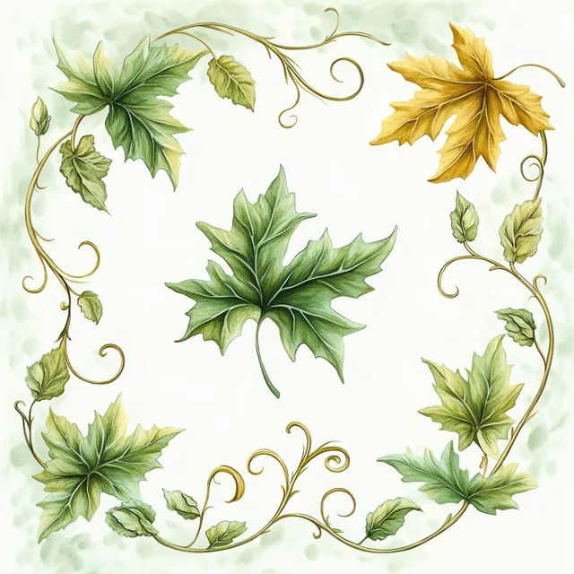 Green and gold watercolor maple leaves surrounded by swirling vine border on a soft white background.