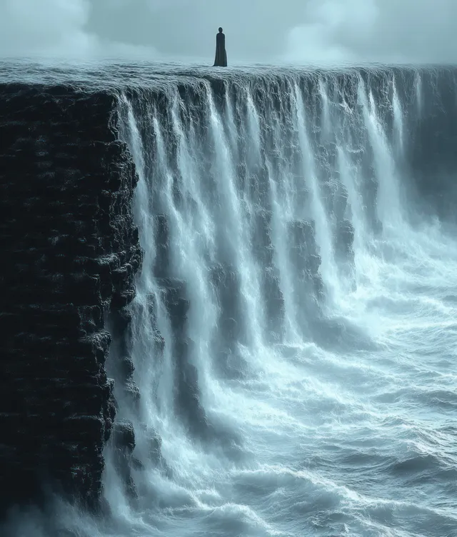 Solitary Adventurer at a Thunderous Waterfall Cliff