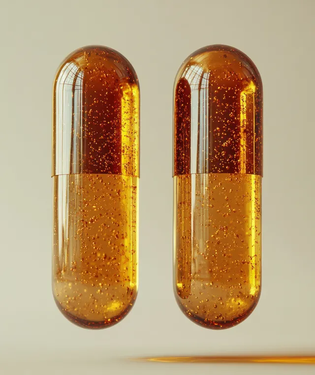 Two golden fish oil softgel capsules sit side by side against a clean white studio background.