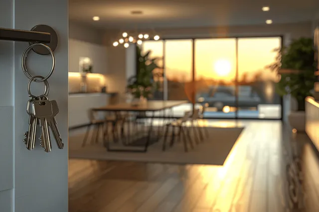 A key hangs on an apartment door handle as warm sunlight fills a living room beyond large windows.