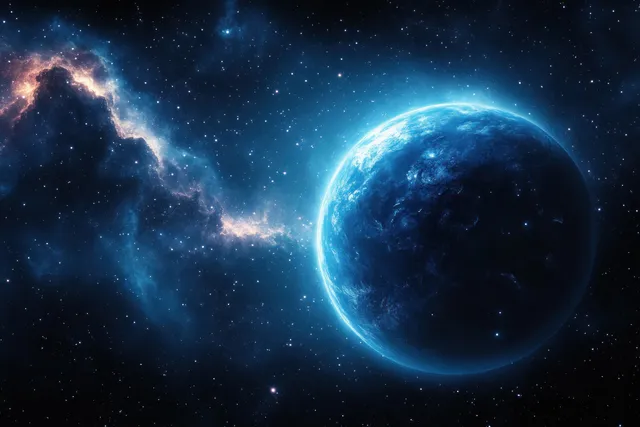 Glowing blue planet with atmospheric rim light hovering in a starry galaxy nebula backdrop