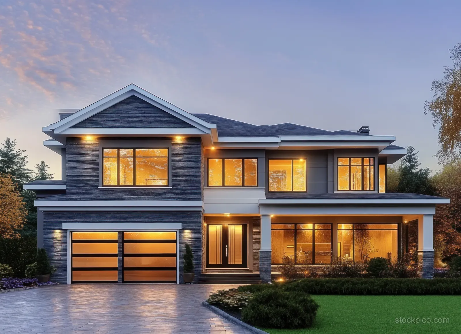 A modern two-story house exterior at dusk with large glowing windows, warm lights, and a driveway and garage in front.
