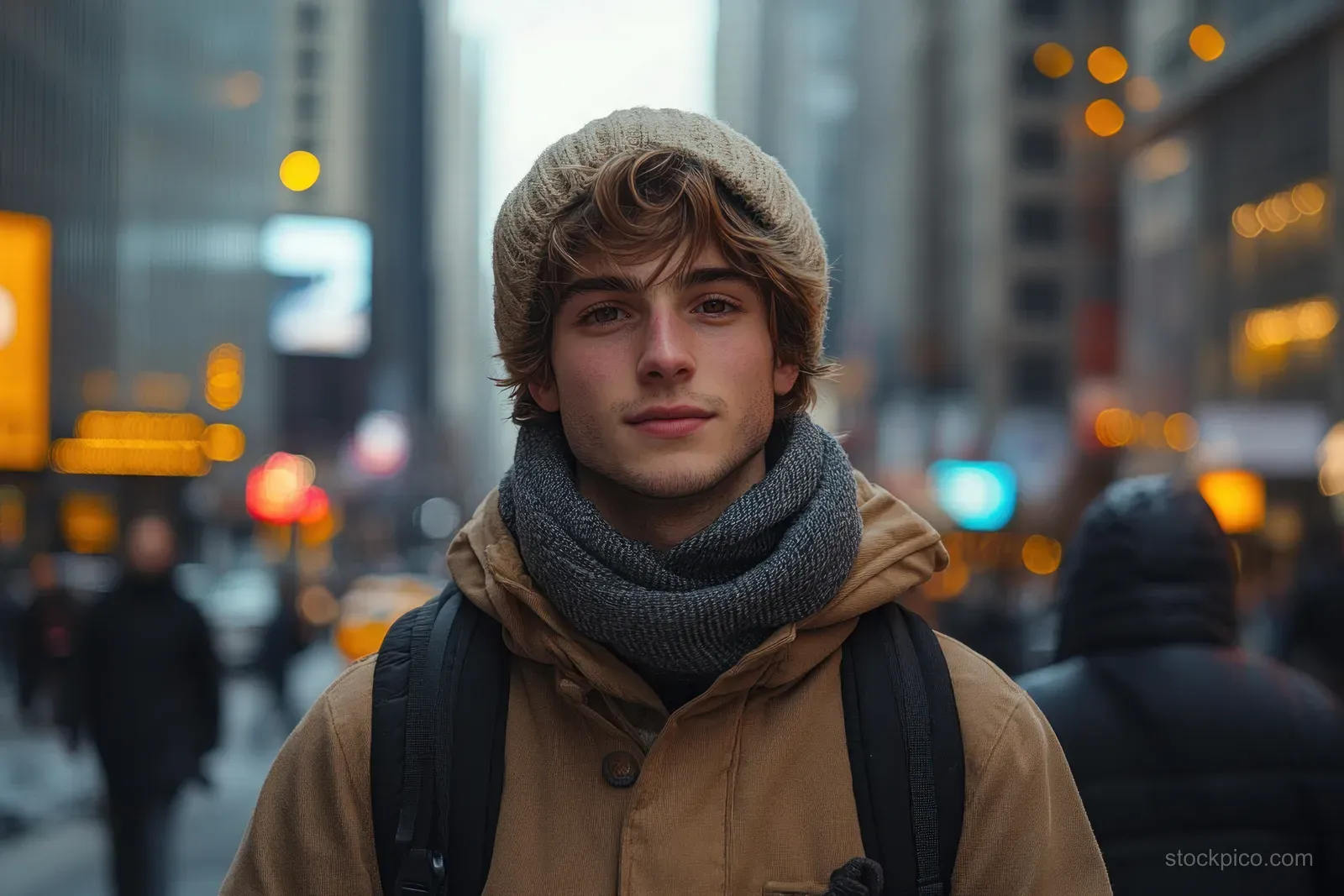 Young man in hoodie and dark scarf stands on a busy city street with blurred lights and pedestrians behind.
