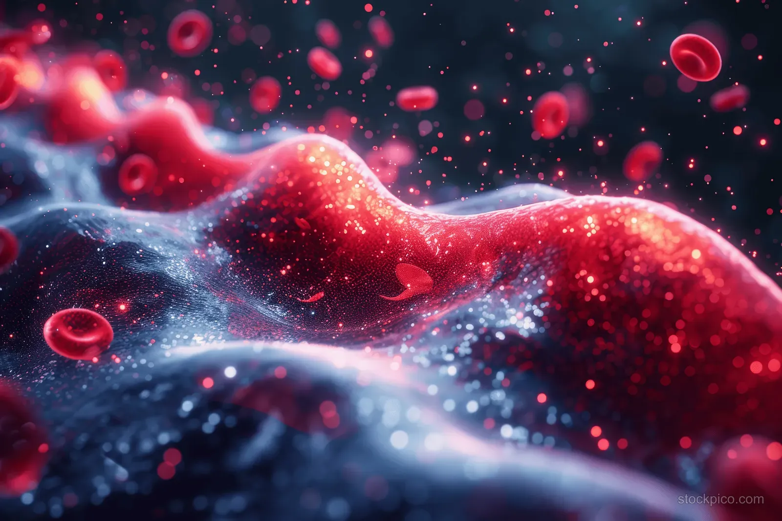 Red blood cells stream through glowing veins with scattered particles in a microscopic 3D medical scene.