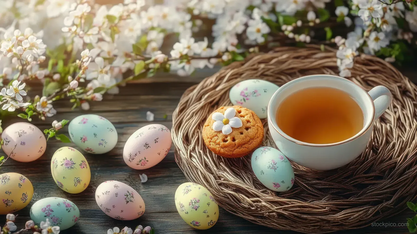 Cup of tea on a woven coaster with a flower-decorated cookie beside pastel spring eggs and blossoms.