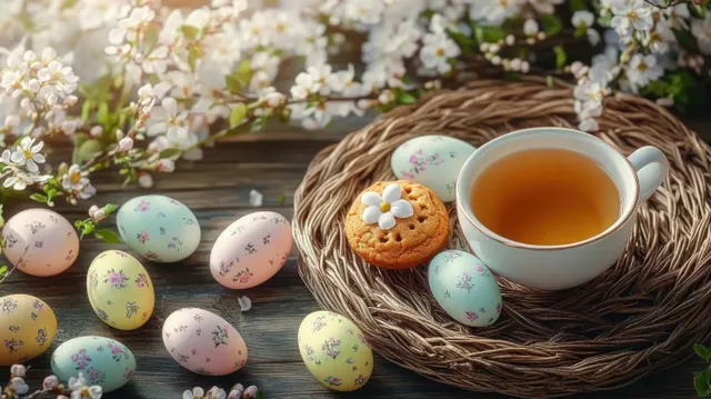 Cup of tea on a woven coaster with a flower-decorated cookie beside pastel spring eggs and blossoms.