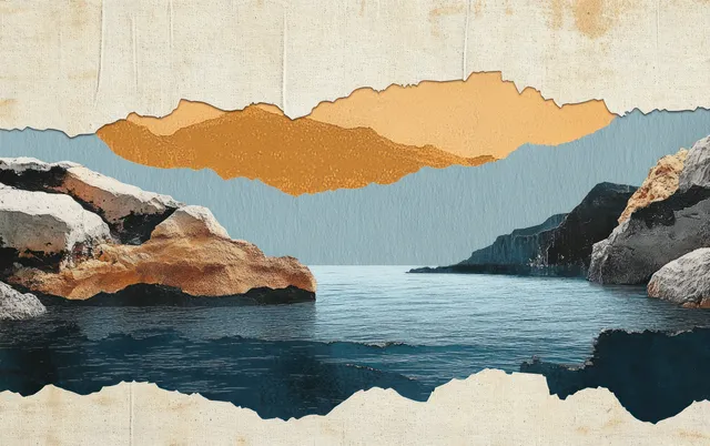 Torn-paper landscape collage depicts muted water, rugged mountains, and gravel textures with layered earthy tones.