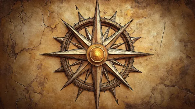 Golden compass rose emblem centered on cracked antique brown parchment background