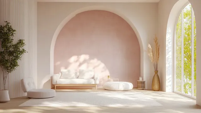 Minimalist living room with cream sofa beneath a pastel archway and dappled sunlight from arched windows.