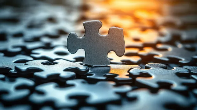 A single puzzle piece stands upright among scattered puzzle pieces under warm sunlight with contrasting shadows.