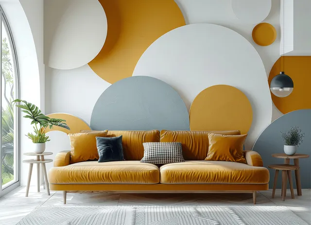 Retro yellow sofa centered in a minimalist living room with abstract pastel circle wall mural, pendant light, and side table.