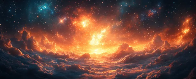 Fireworks bursting over a dusk sky with glowing orange clouds and starry spark trails