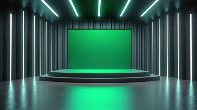 Empty futuristic studio stage with a centered green screen backdrop and vertical light strips above a reflective floor.
