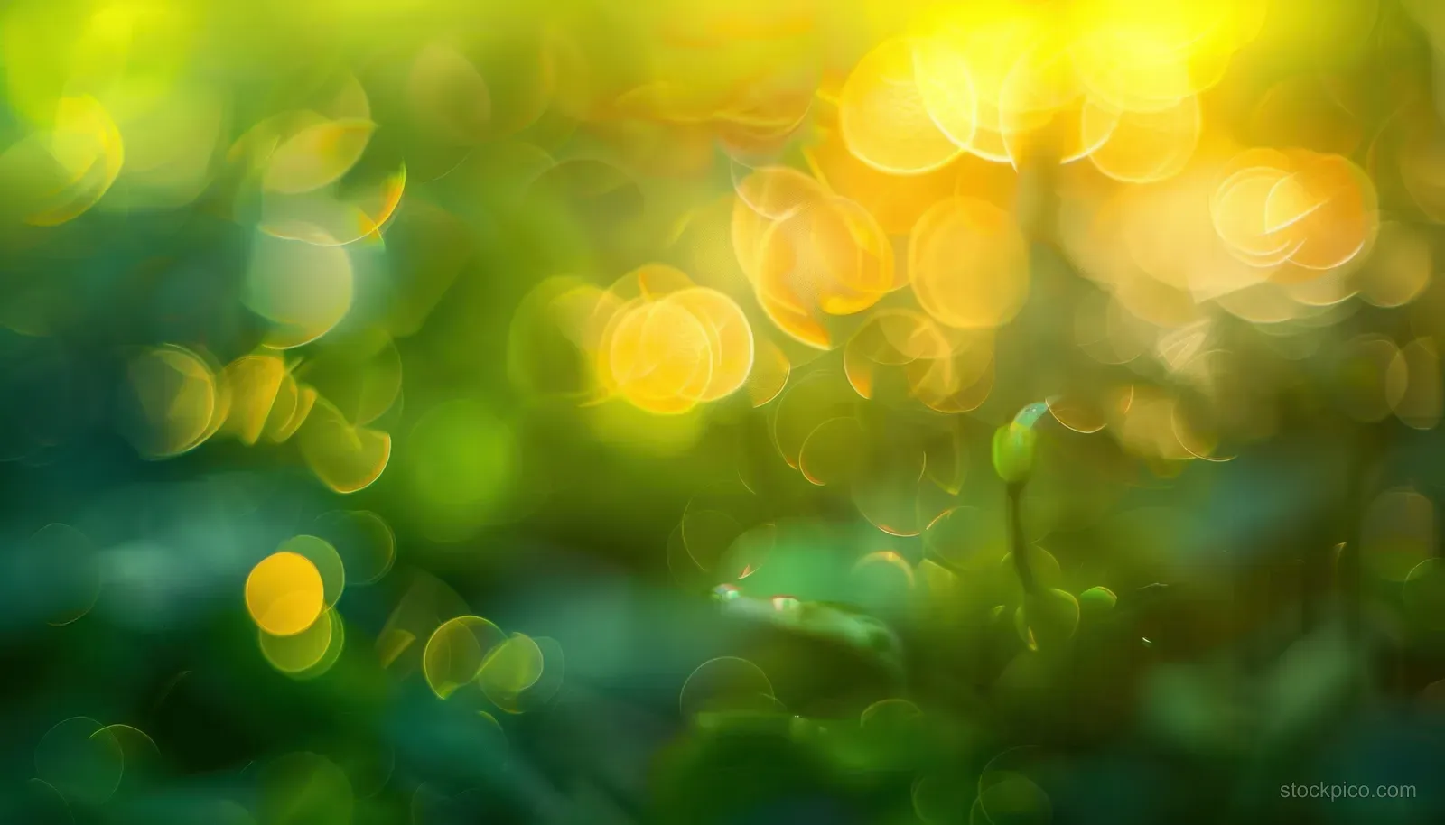 Glowing yellow and green bokeh circles float over a softly blurred garden background with sunlit leaves.
