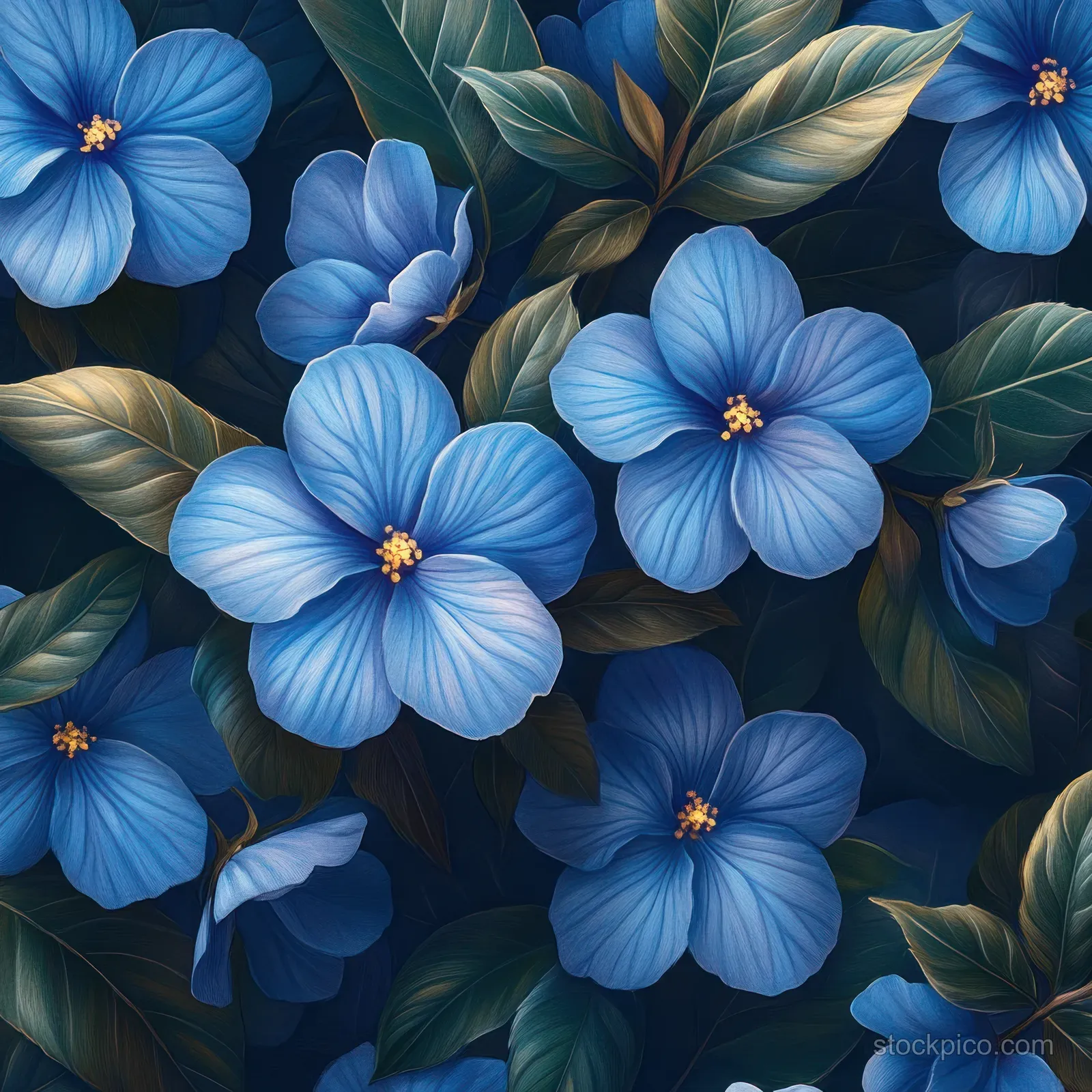Seamless pattern of blue flowers with golden centers and green leaves arranged across a dark botanical background.