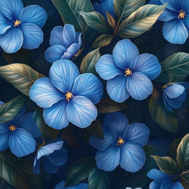 Seamless botanical floral pattern with blue blossoms and green leaves, illustrated tile texture