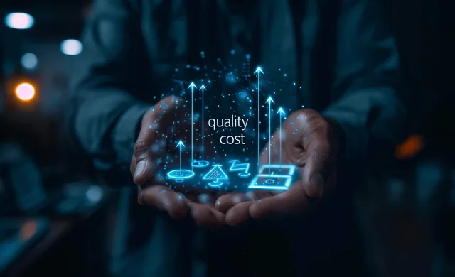 A visual representation of balancing cost reduction and quality improvement through strategy and digital transformation in business.