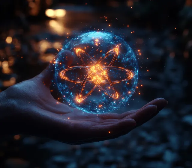 A hand holds a glowing atom nucleus with orbiting electrons against a soft bokeh background.