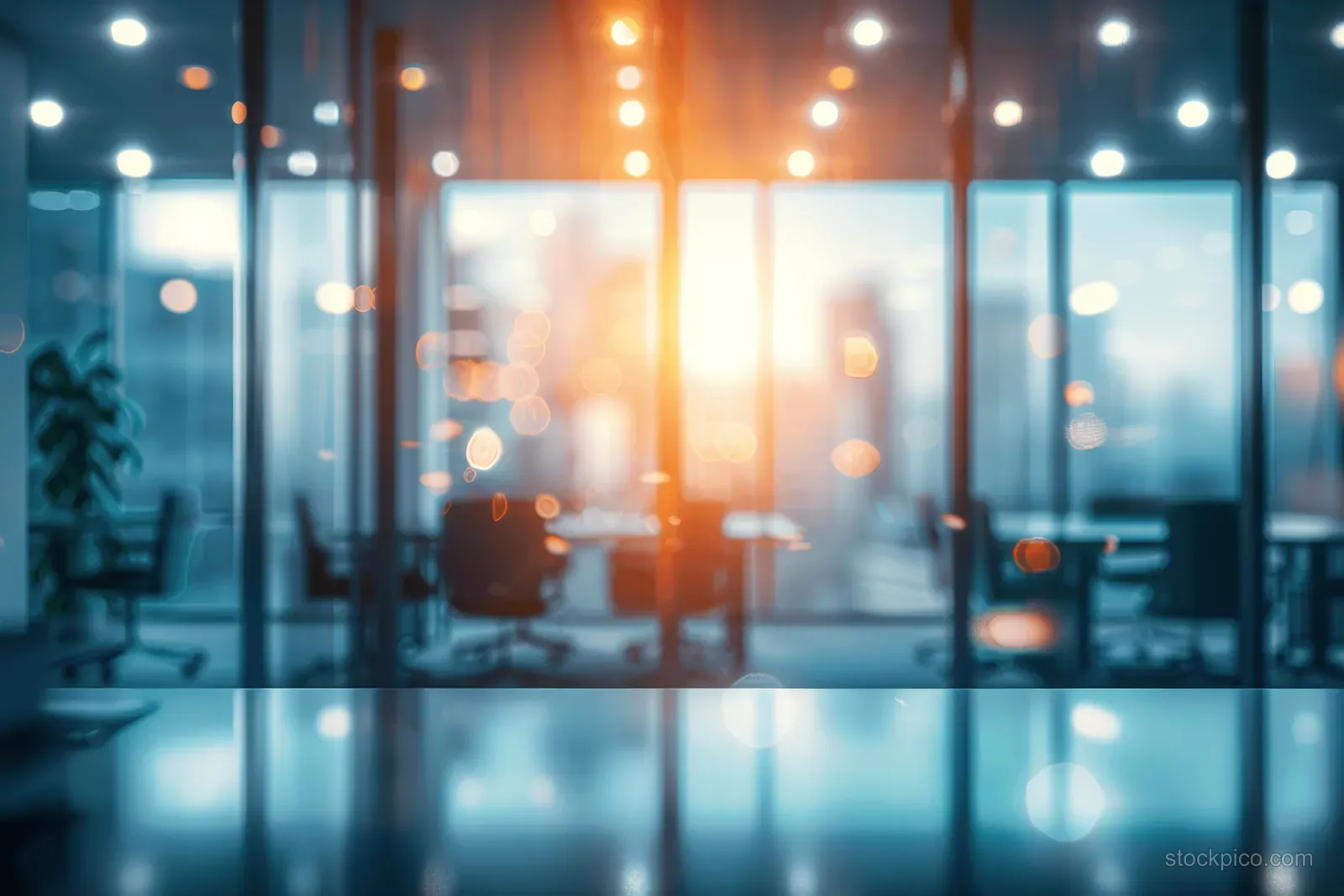 Blurred modern office interior with panoramic windows, glass walls, and bright daylight reflecting on furniture.