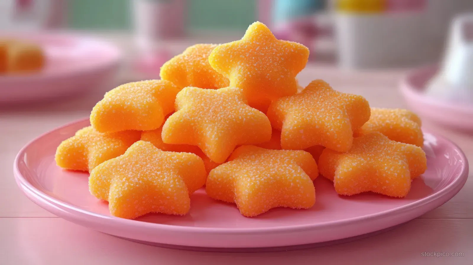 Orange star-shaped gummy candies coated with sugar granules piled on a pink plate with a soft blurred background.