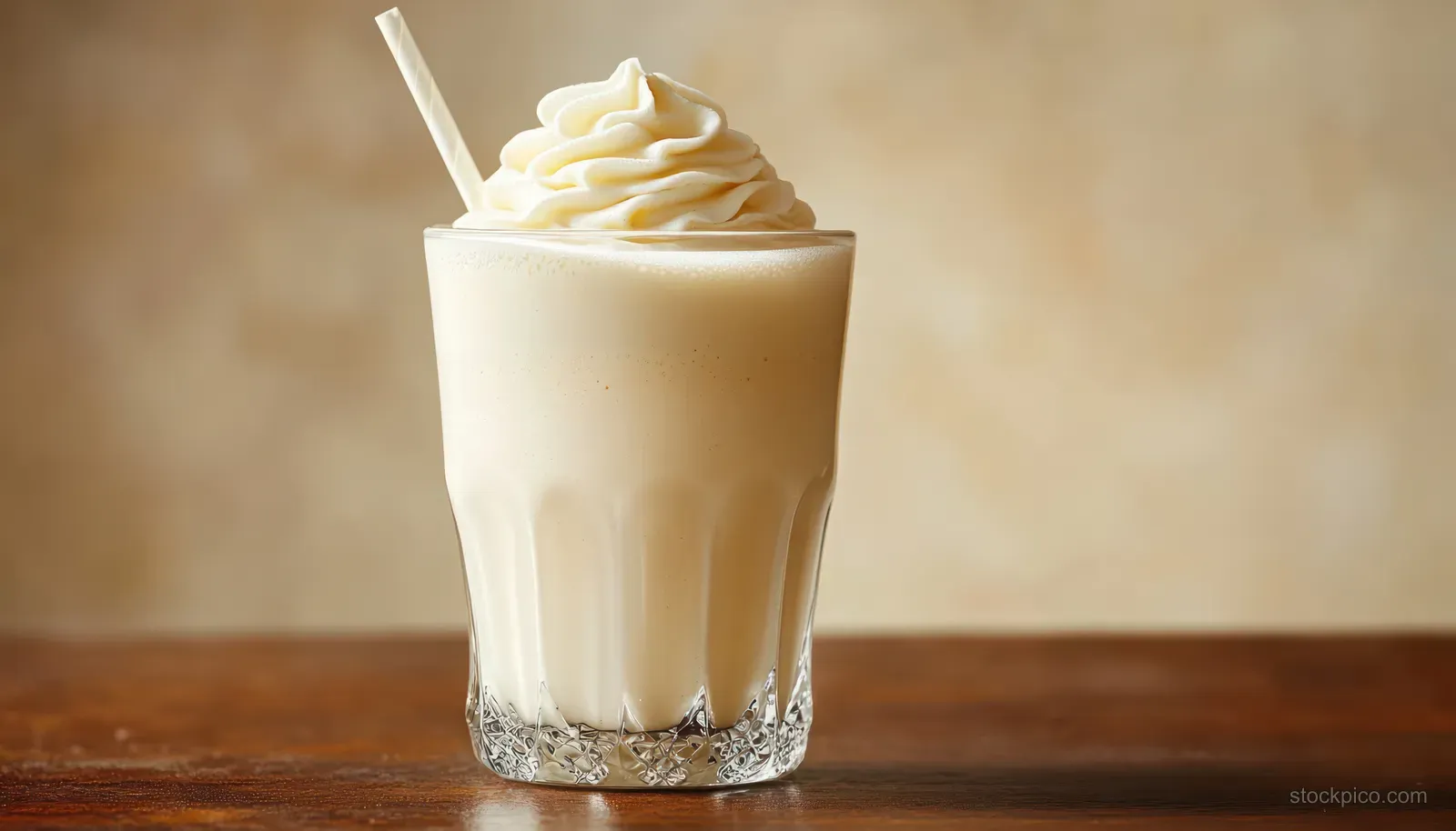 A creamy beige milkshake with swirled whipped cream sits in a textured glass beside a white straw on a wooden table.