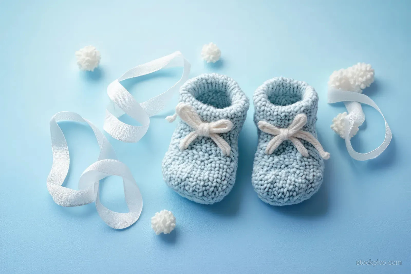 Pair of knitted baby booties with blue satin ribbons and small white pom-poms on a light blue background.