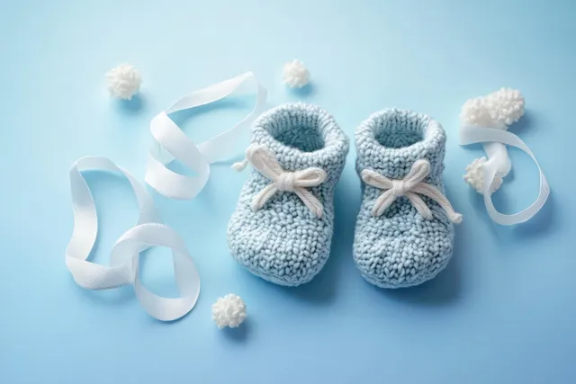 Pair of knitted baby booties with blue satin ribbons and small white pom-poms on a light blue background.