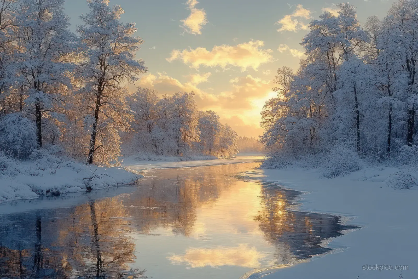 Snow-covered trees line a winter river as golden sunset light reflects on calm, still water.
