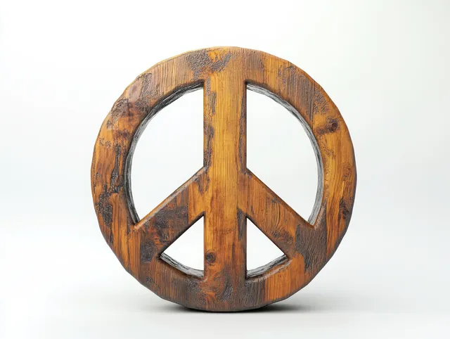 Minimalist wooden peace sign carved from rustic planks, centered on soft white background
