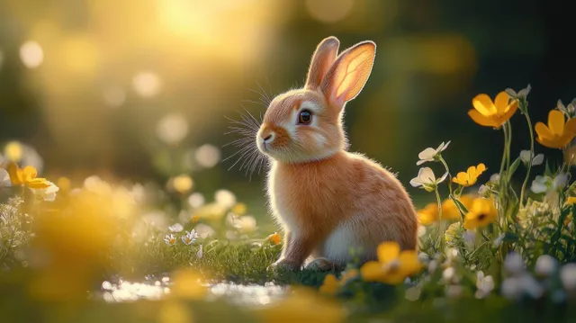 Small orange and white rabbit sitting in a sunlit meadow of yellow wildflowers