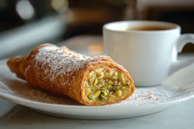 Pistachio cream cannoli on a plate beside espresso cup, Italian Sicilian breakfast closeup
