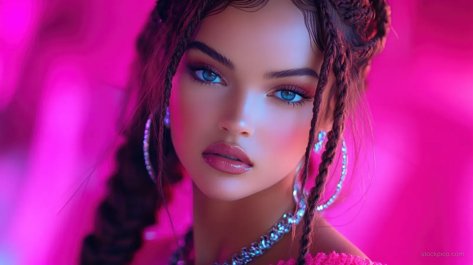 Close-up portrait of a young woman with braided hair, blue eyes, glossy lips, and hoop earrings under magenta lighting.