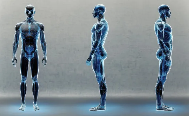 Three transparent male figures show front and side musculoskeletal anatomy on a textured gray background.