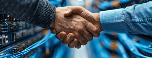 Two men in office attire shake hands while blue-lit screens blur in the background.