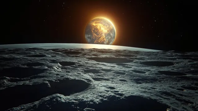 Earthrise above a curved lunar horizon during sunset with glowing atmospheric glow