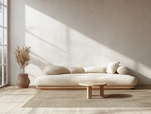 Beige sofa and wooden coffee table in a bright minimalist living room with a dried grass vase.