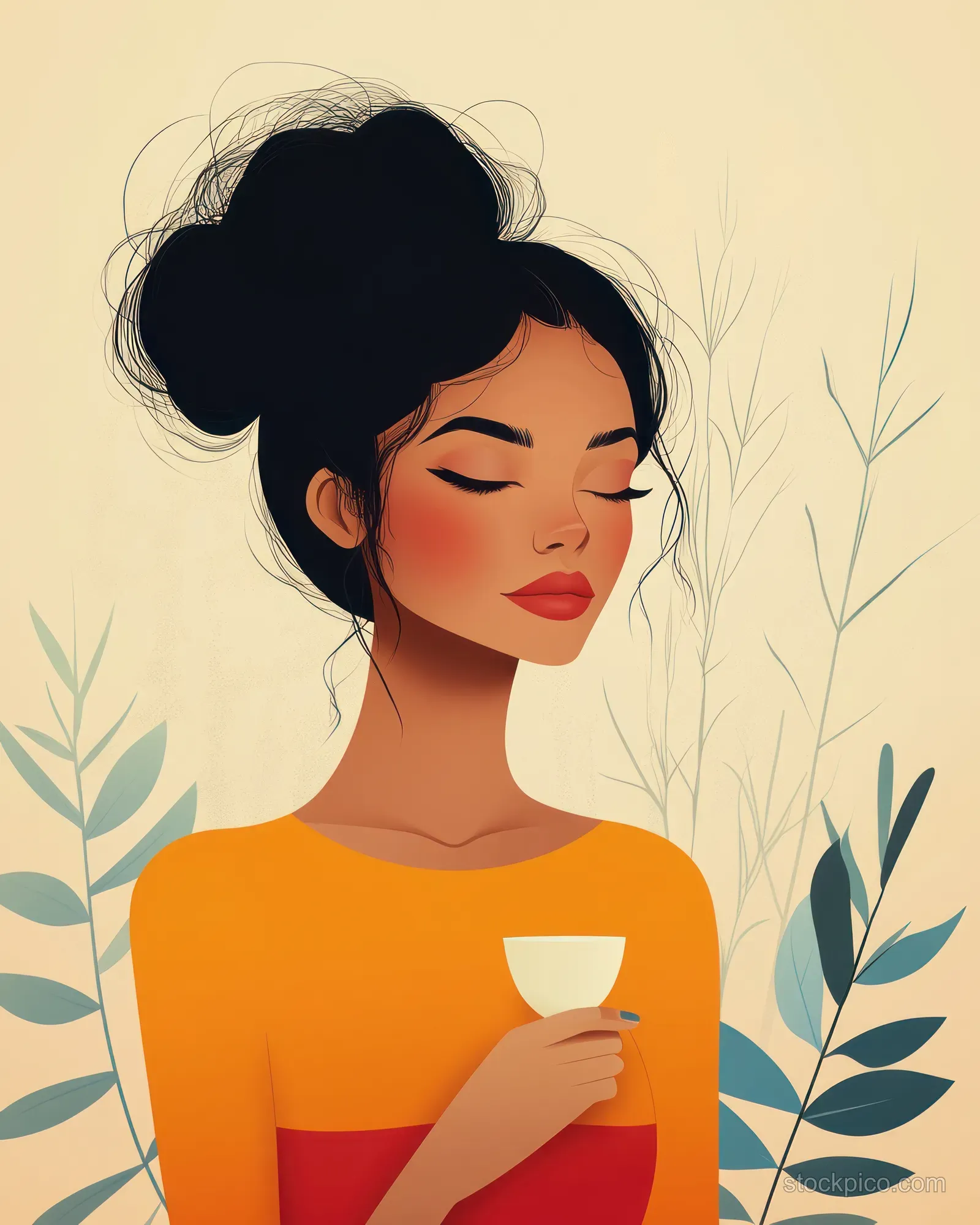 Illustrated woman holding a menstrual cup in front of pink flowers and a soft patterned background.