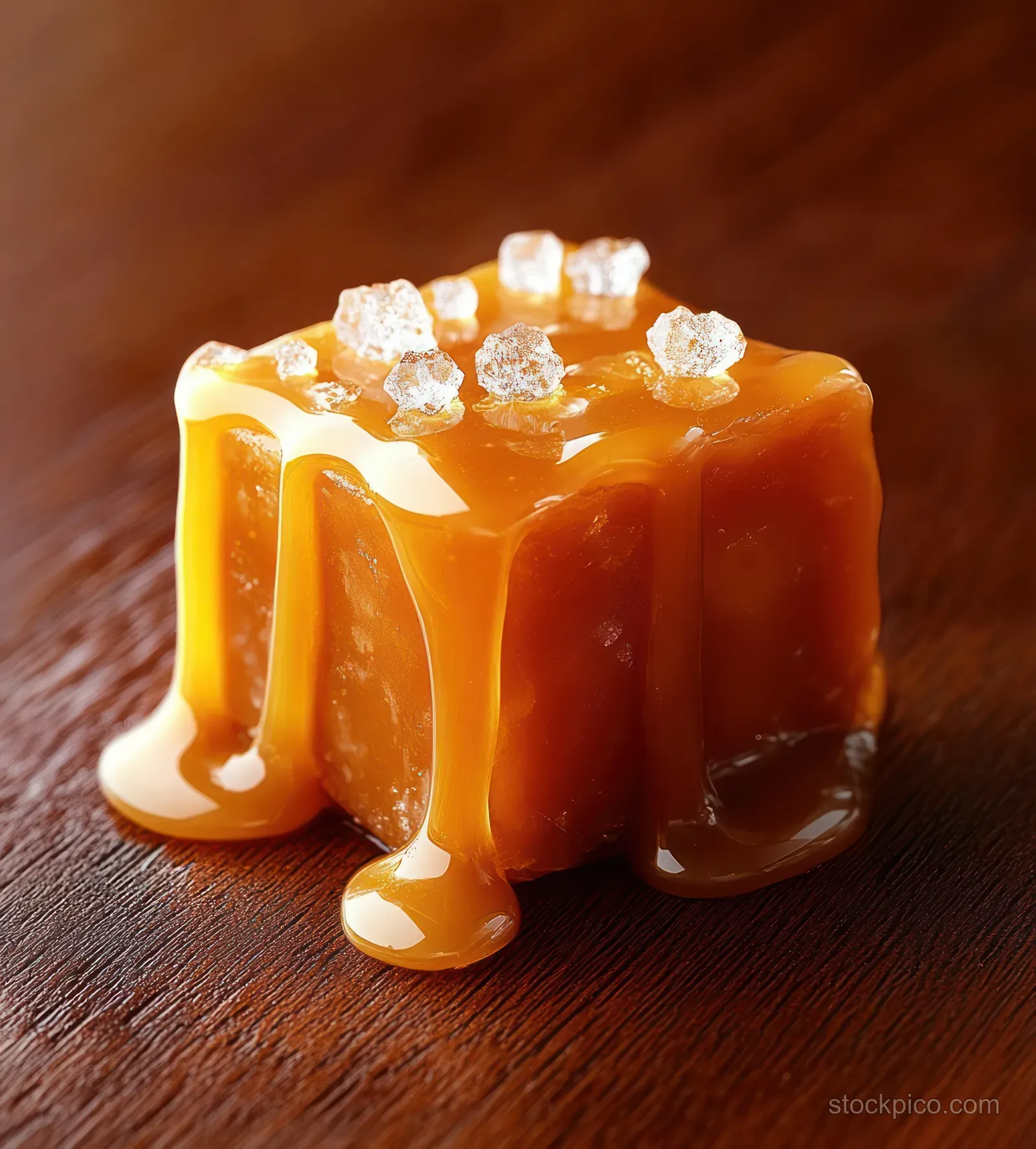 Caramel cube topped with coarse sea salt crystals and glossy dripping caramel on a wooden surface.