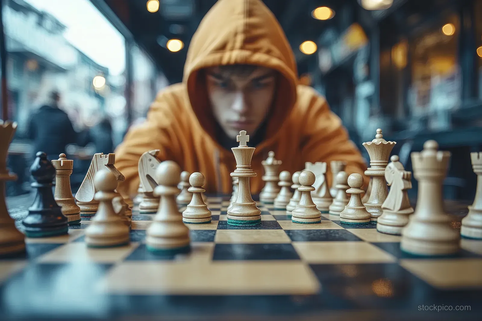 Teen girl in a hoodie focuses on chess pieces across a café table with night street lights behind her.