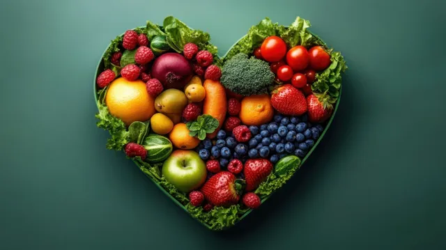 Heart-shaped bowl filled with fresh fruits, vegetables, and whole grains on teal background