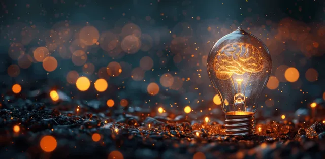 Glowing light bulb over dark bokeh city lights with swirling brain-like energy inside