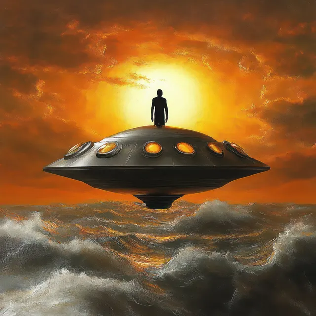 A silhouetted figure stands on a glowing flying saucer above churning ocean waves during an orange sunset.